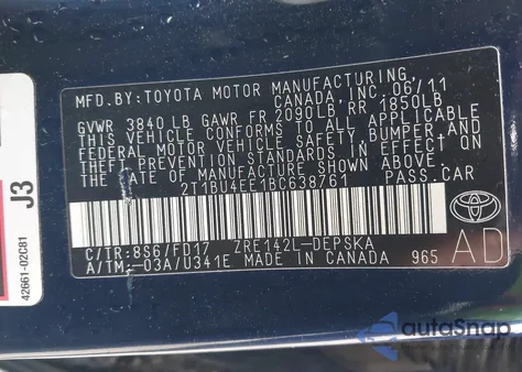 2011 Toyota Corolla S из США, поврежденный, VIN 2T1BU4EE1BC638761